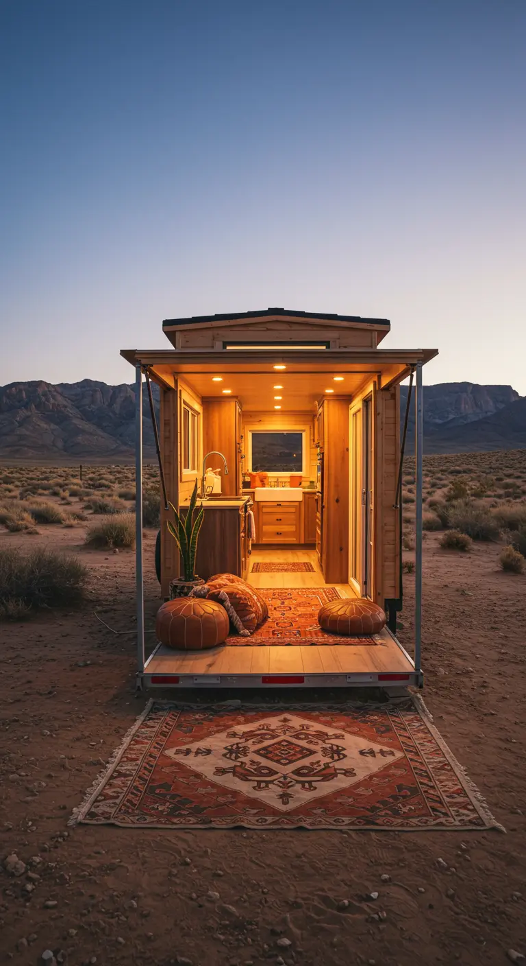 Tiny home in the desert with its back open, showing layered rugs inside and out.
