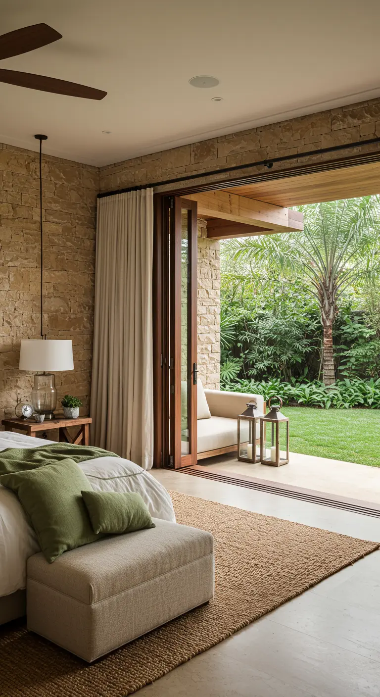 Bedroom with a stone wall and folding glass doors opening to a lush garden.