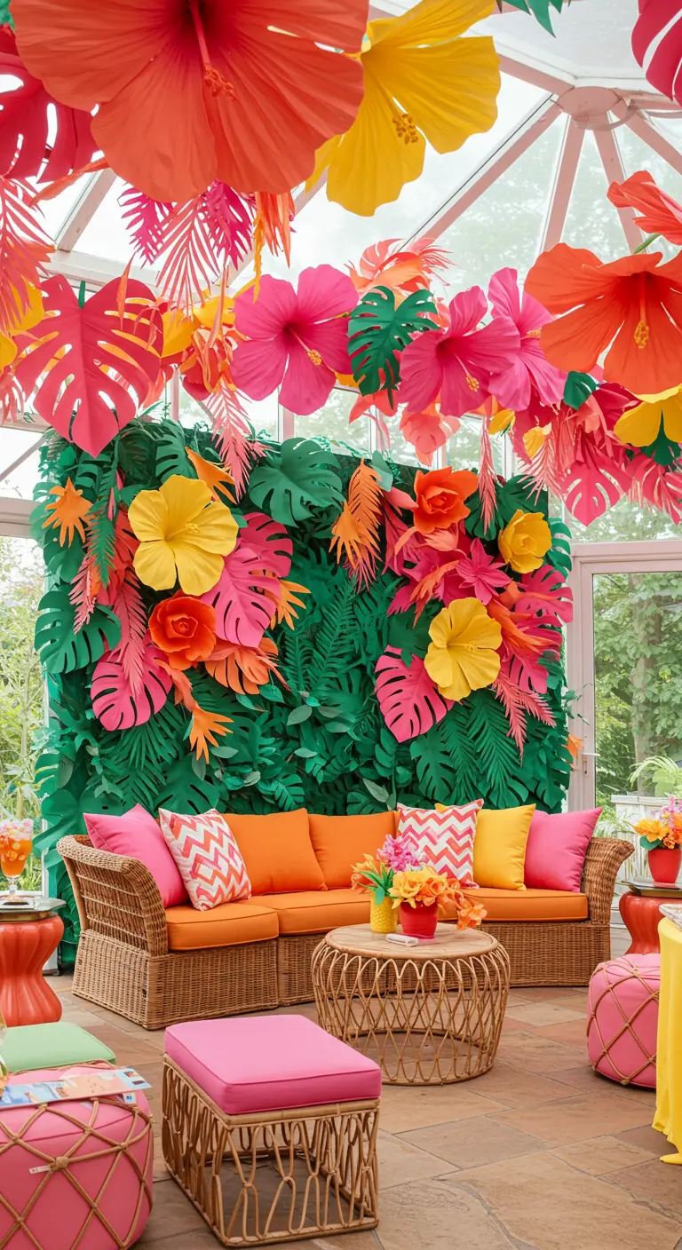 A tropical-themed lounge with a wall of green paper leaves and bright pink and yellow paper flowers.