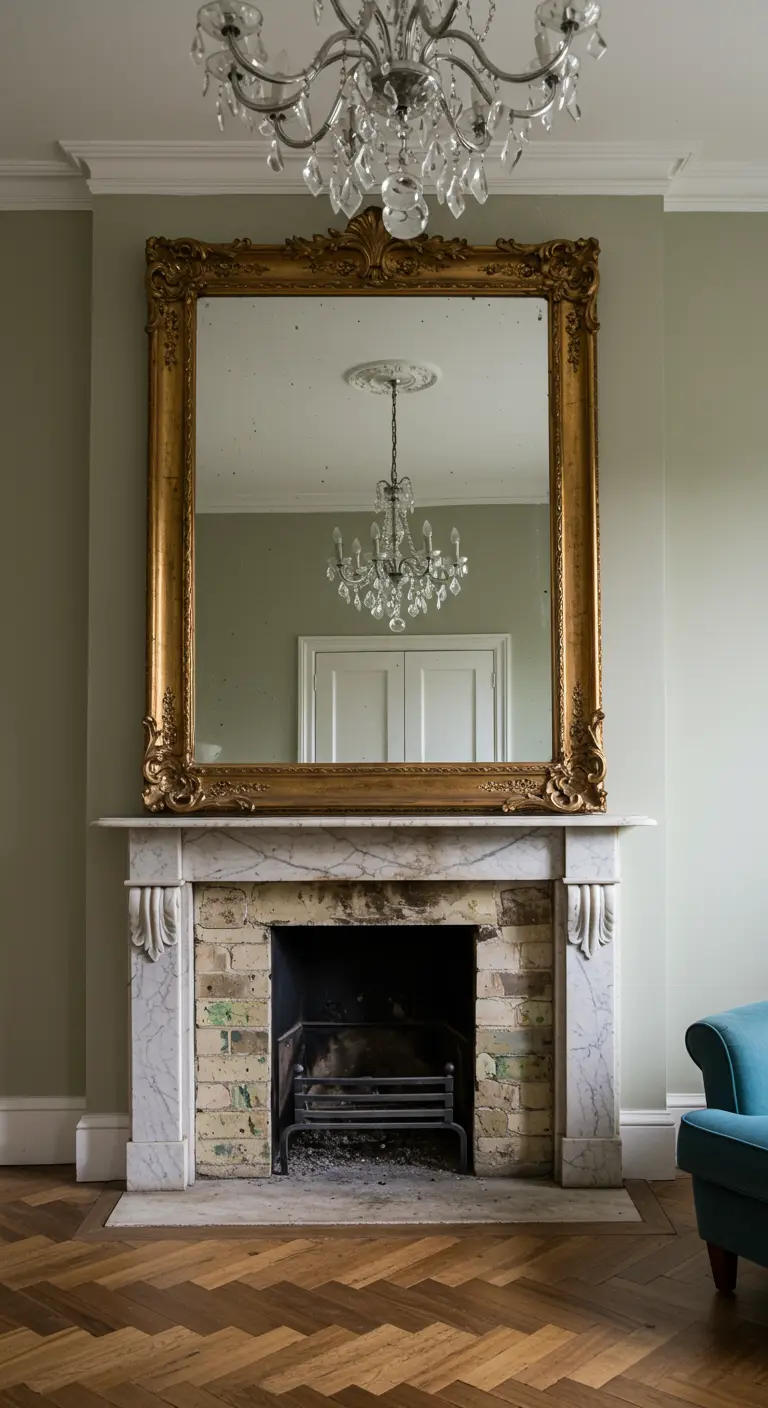 A large, ornate gold-framed mirror hanging over a marble and brick fireplace.