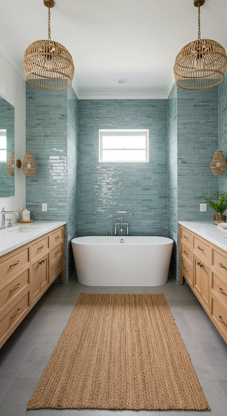 Symmetrical bathroom with dual vanities and a central freestanding tub.