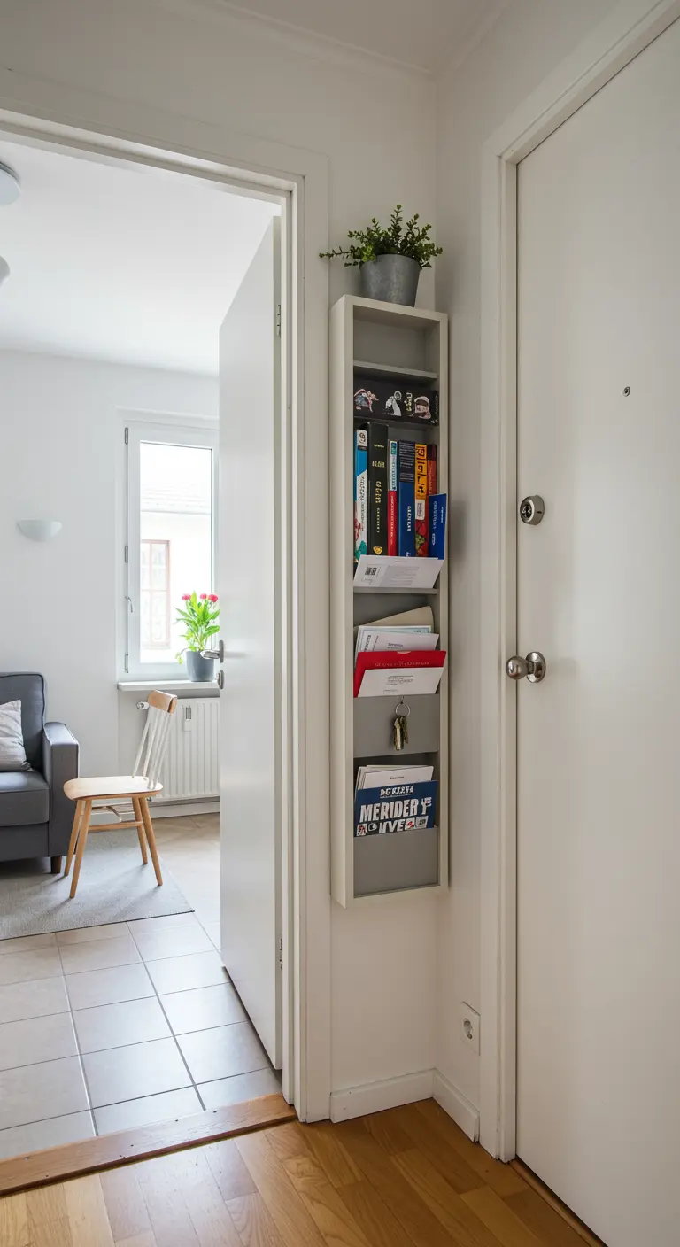 A slim, wall-mounted organizer holds mail and keys by an apartment front door.