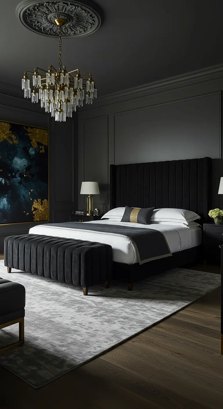 Dark gray bedroom with wall paneling, a black velvet bed, and a large brass chandelier.