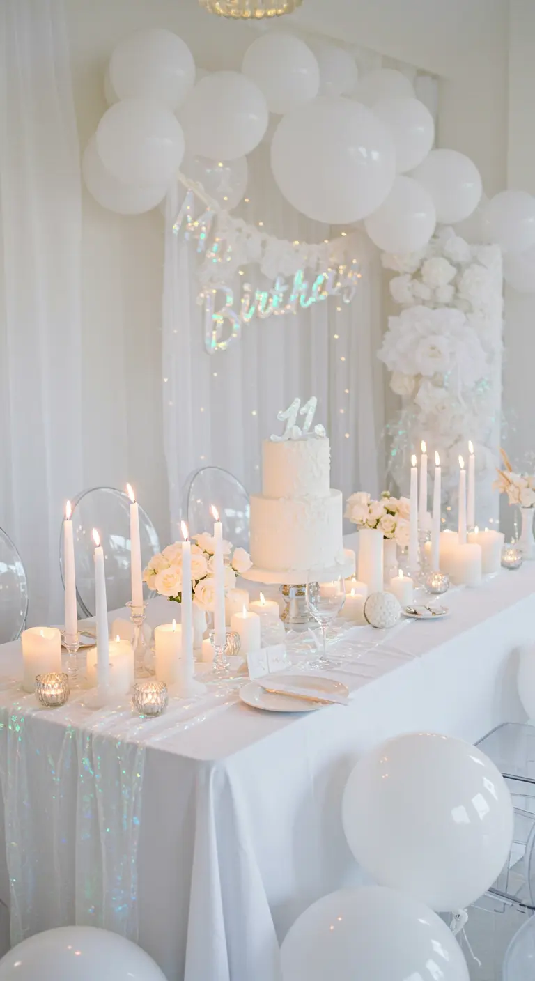 An all-white party table with an iridescent runner, white candles, cake, and balloons.