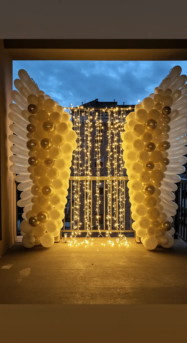 Two large balloon sculptures shaped like angel wings in white and gold frame a curtain of lights.