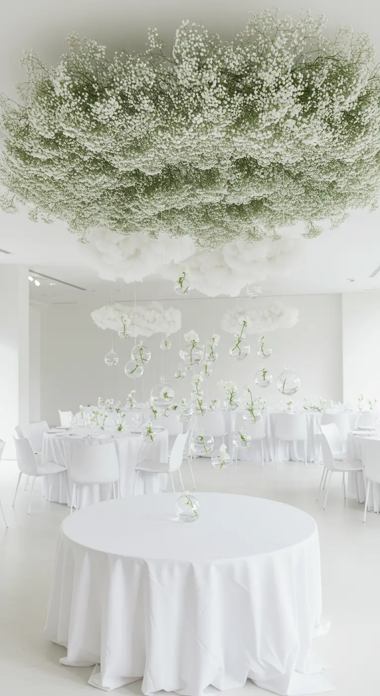 An all-white room with a giant baby's breath cloud over tables and hanging glass orbs.