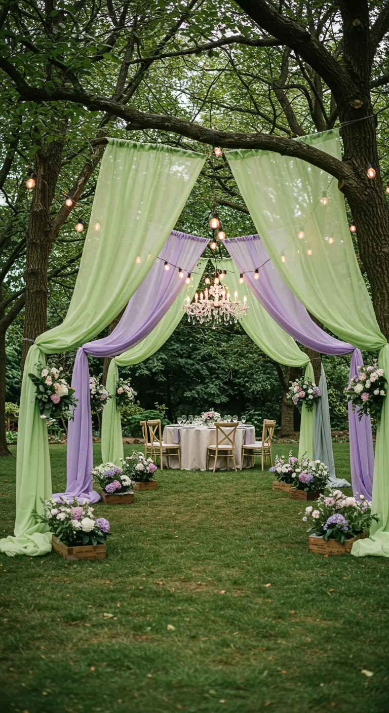 A garden party entrance made of draped green and purple sheer fabric.