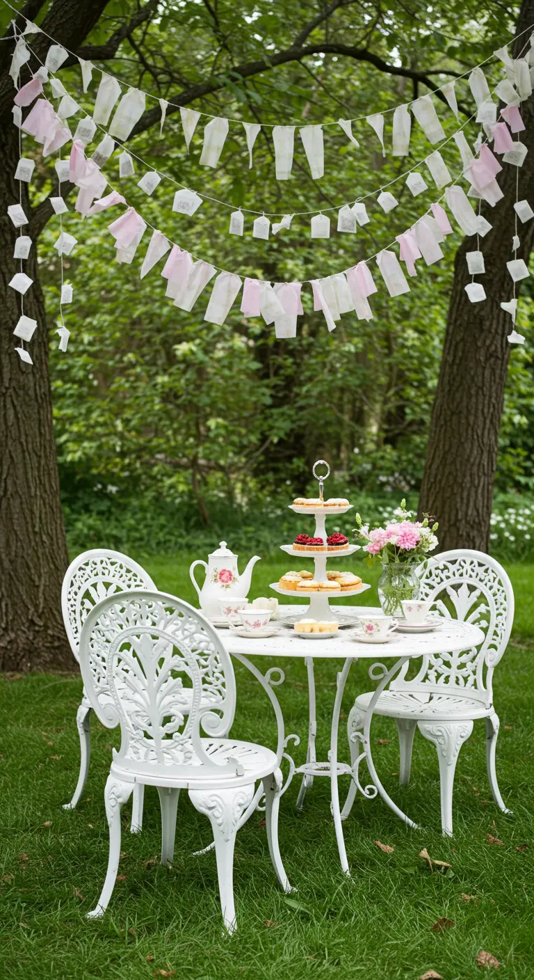 A whimsical white and pink fabric garland strung between trees over a tea table.