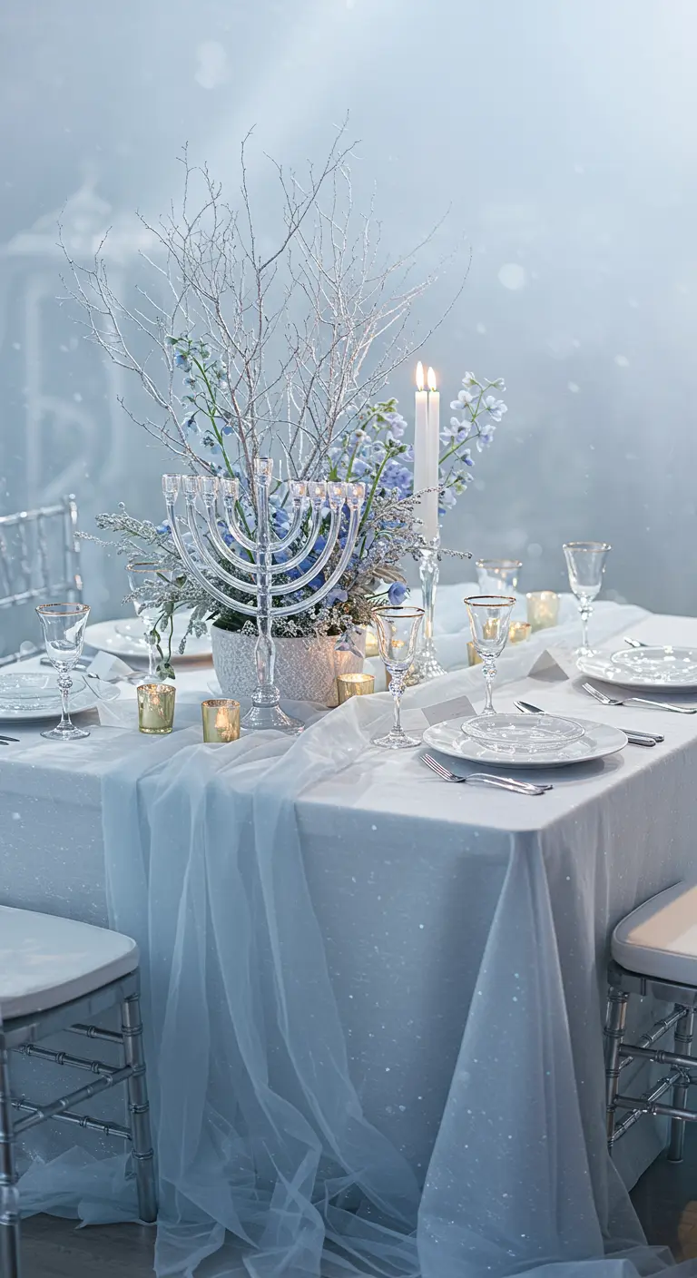 A dreamy Hanukkah table draped in sheer white fabric with a centerpiece of frosted branches and flowers.