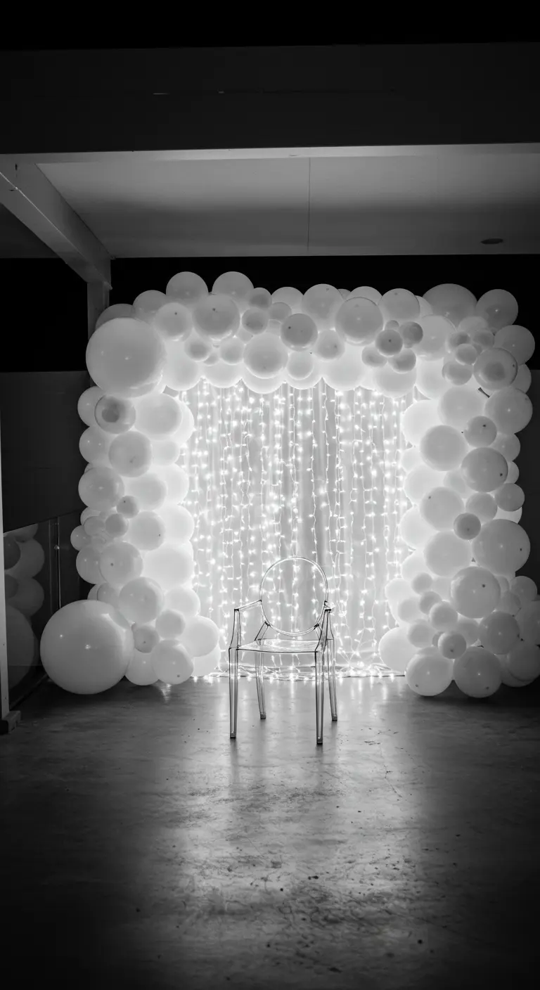 An all-white balloon arch framing a curtain of bright lights with a single clear chair in front.