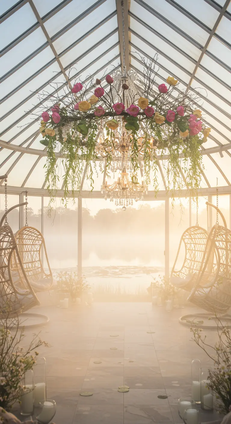 A crystal chandelier with pink and yellow roses hangs in a misty, sun-drenched greenhouse.
