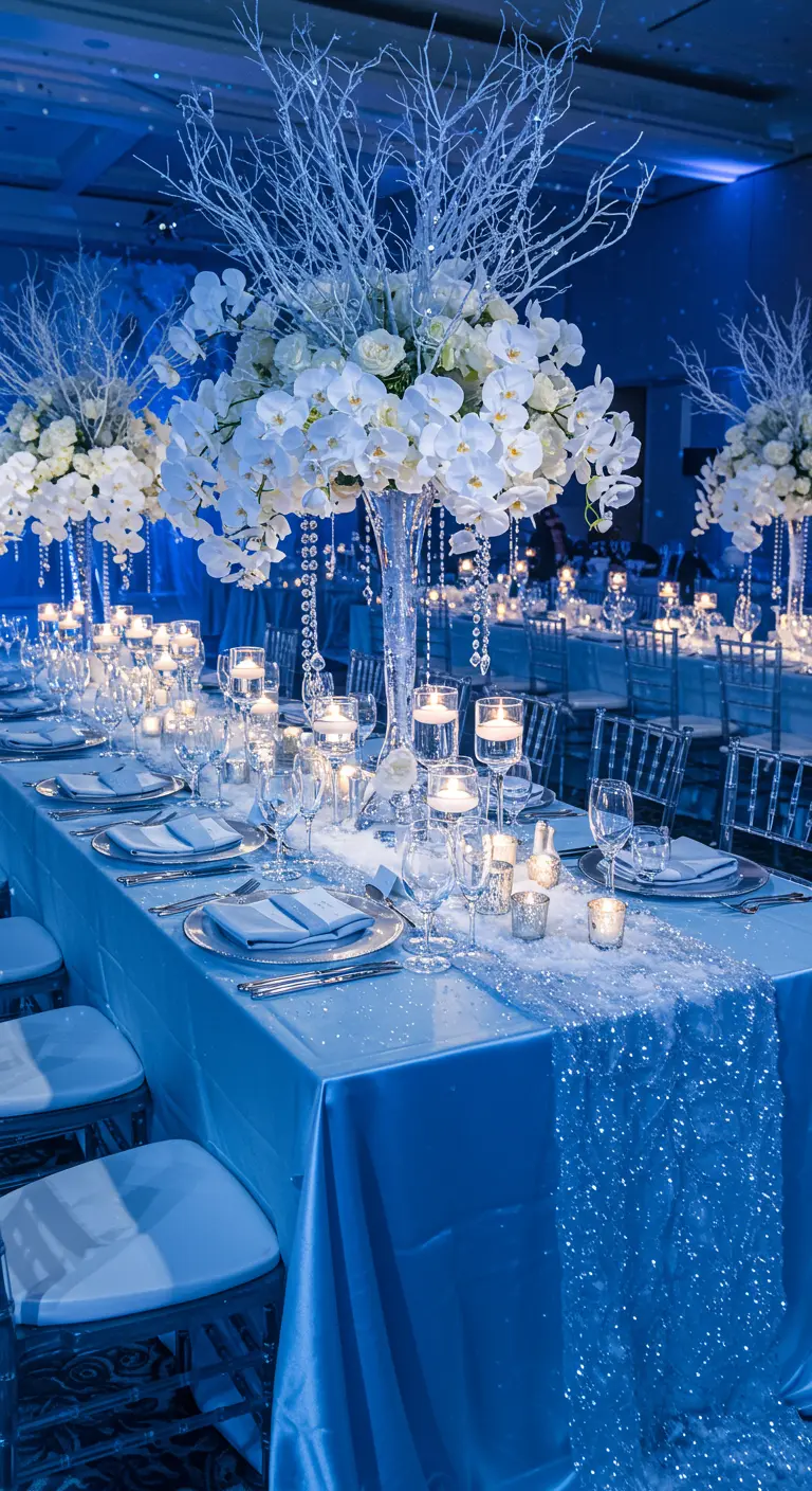 Icy blue table with white orchid centerpieces, faux snow, and hanging crystal accents.