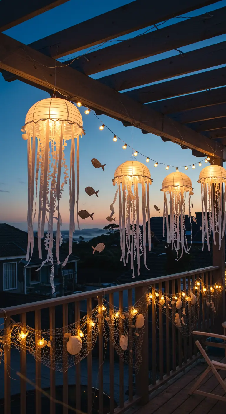 White paper lanterns transformed into glowing jellyfish with ribbon tentacles, hanging outdoors at dusk.