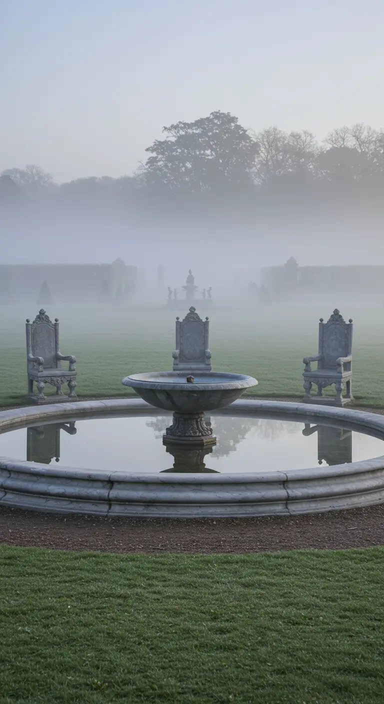 Three stone thrones sit around a simple bowl fountain on a foggy, misty morning.