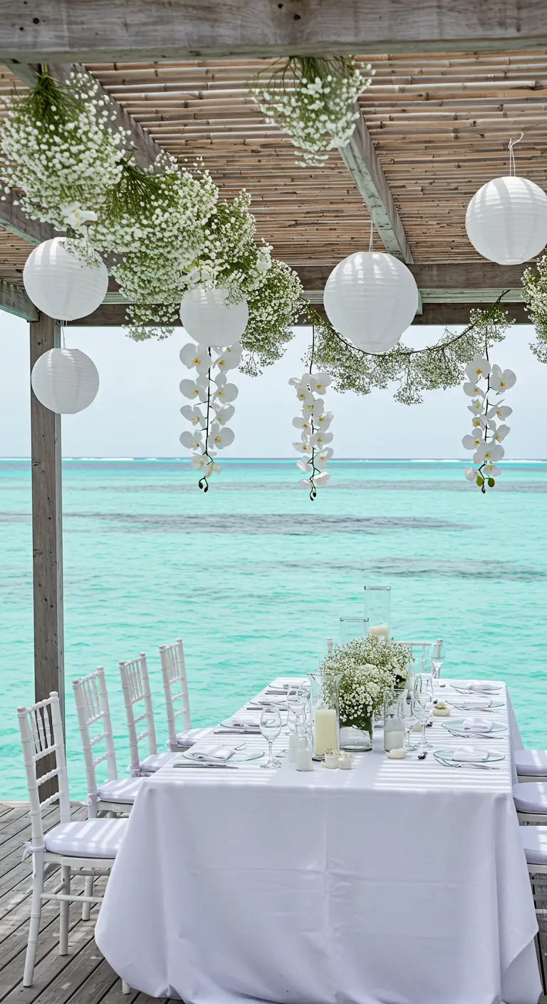 White wedding table on a deck over turquoise water, with hanging white flowers and lanterns.