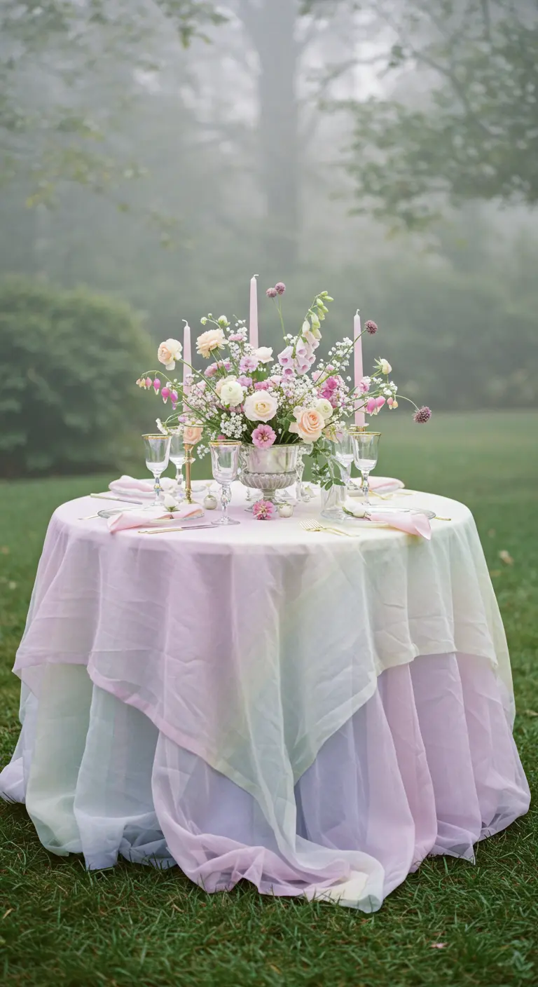 Table in a misty garden with a layered, multicolored pastel sheer tablecloth.