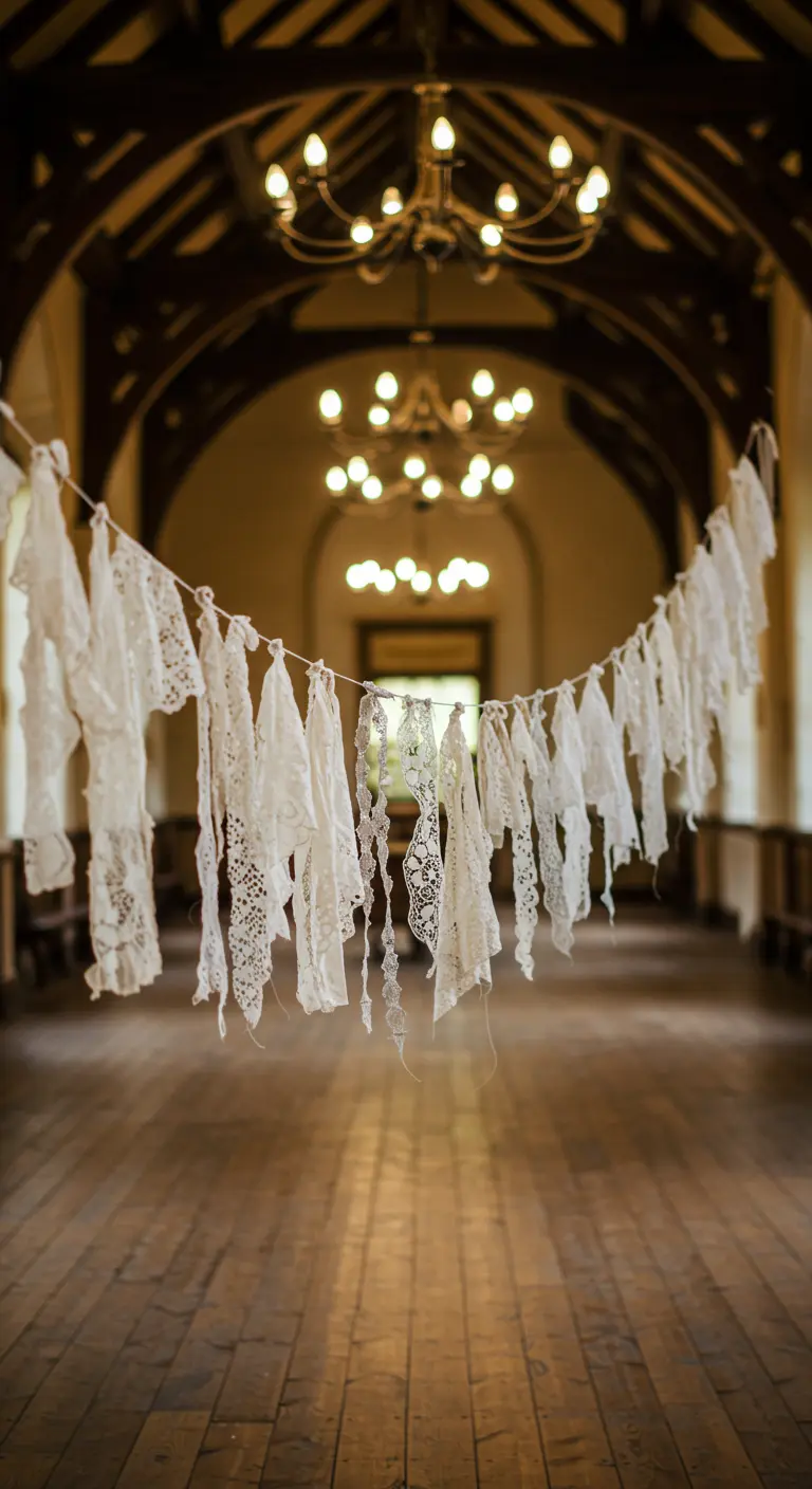 A garland made of torn white lace strips in a grand hall