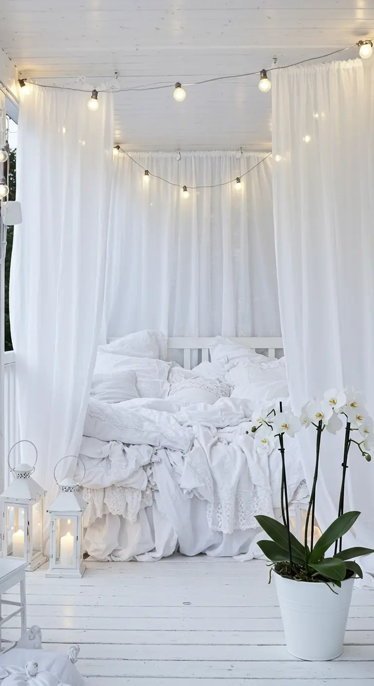 All-white canopy bed with layers of sheer curtains and a white orchid.