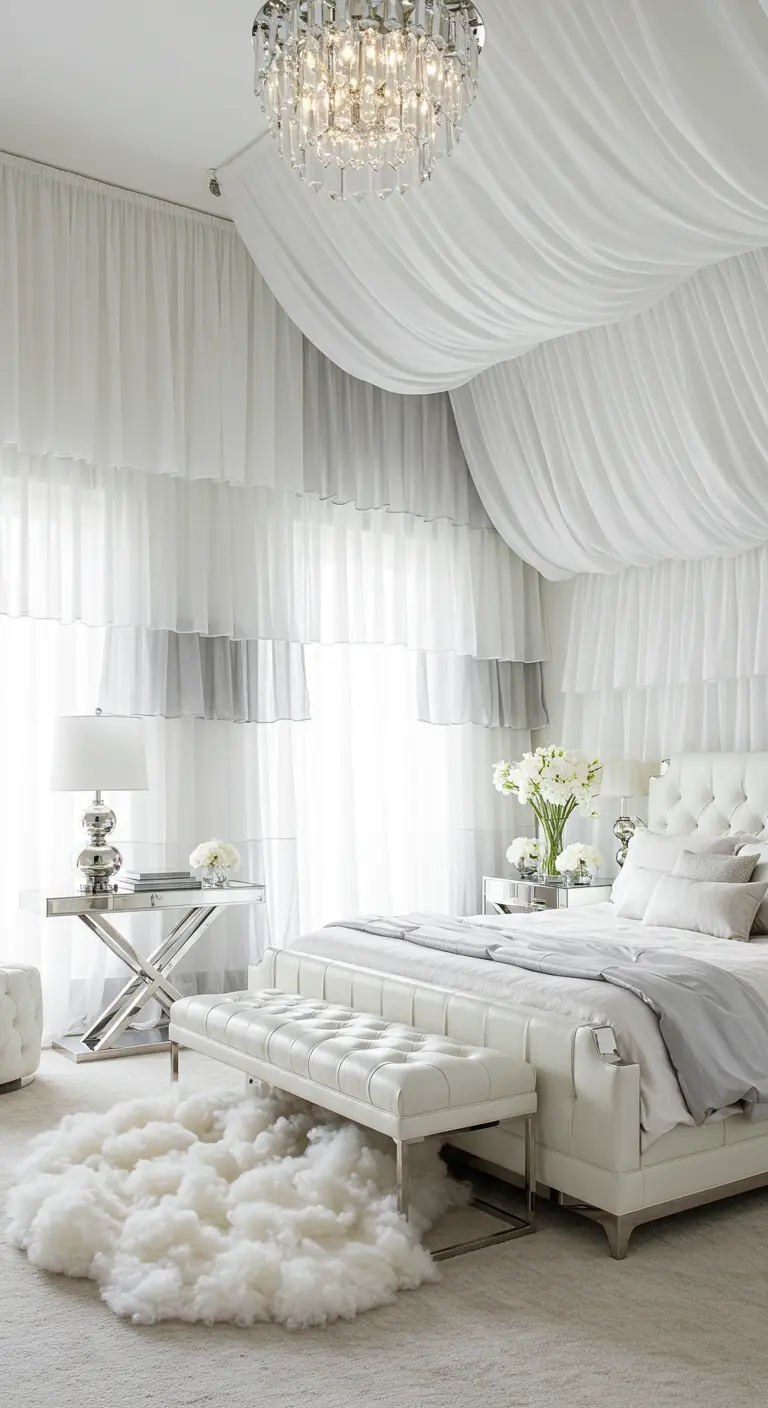 All-white bedroom with sheer fabric draped from the ceiling and walls.