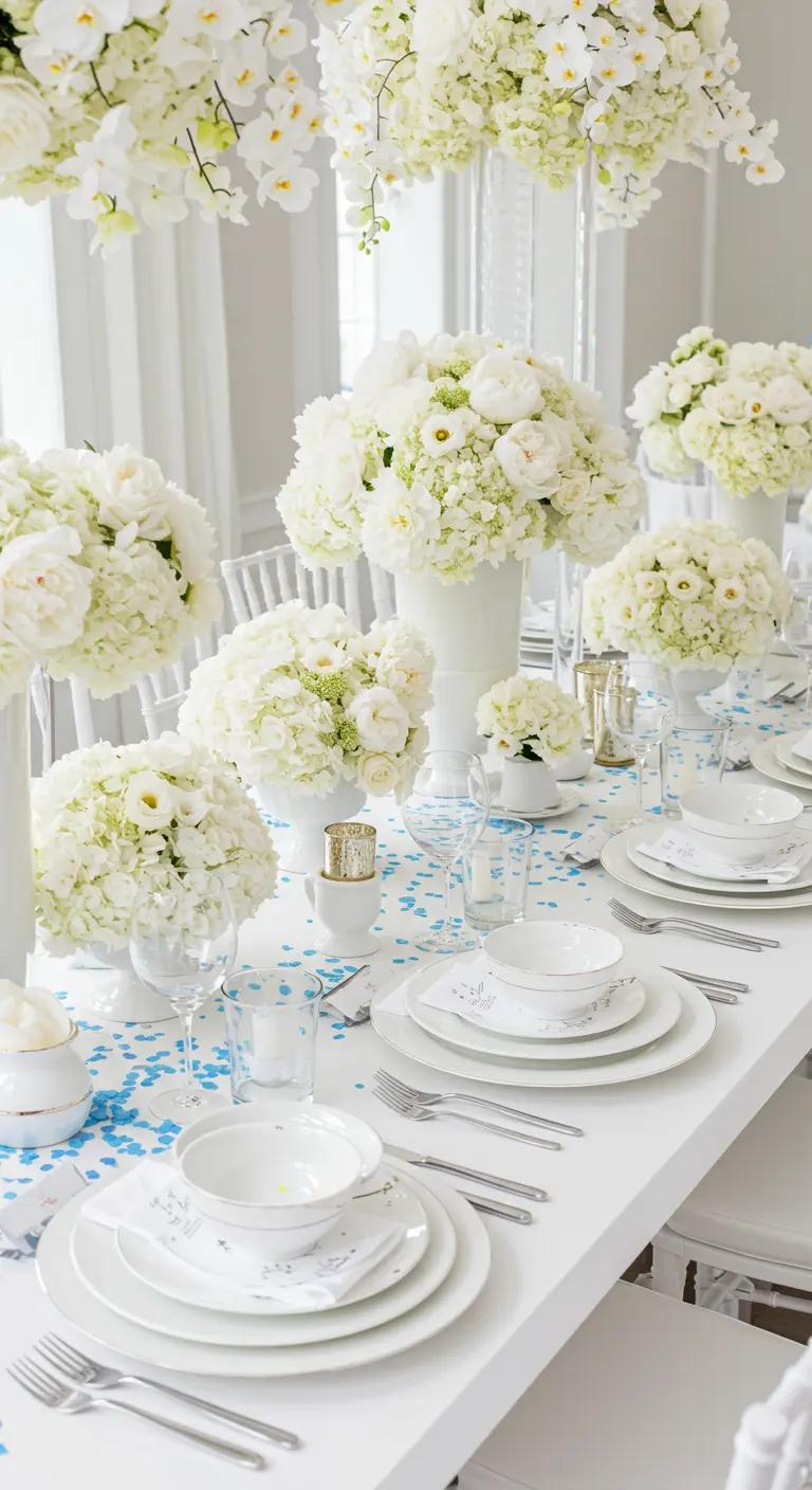 Elegant all-white tablescape with massive bouquets of white flowers.