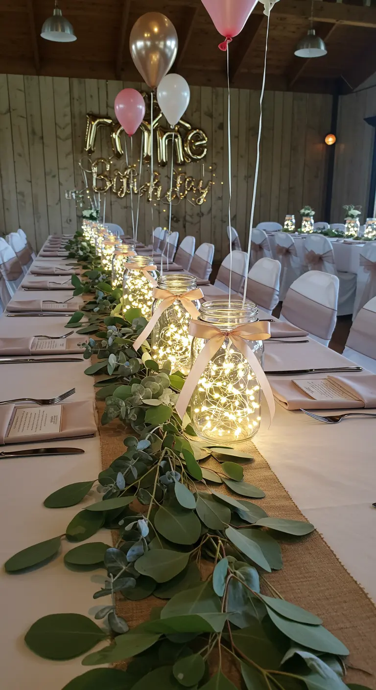 Mason jars with lights and pink bows nested in a eucalyptus garland.