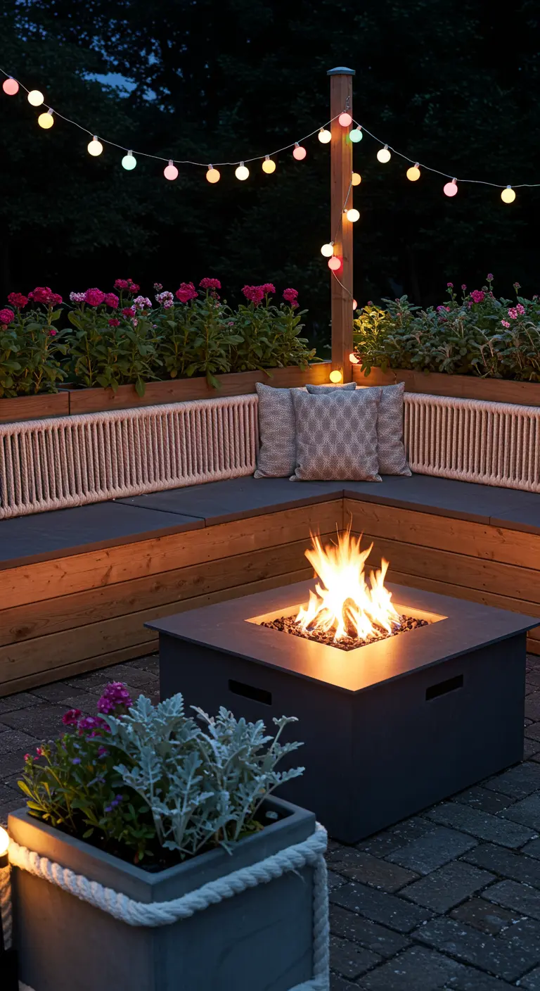A corner bench with a rope backrest and planters surrounding a fire pit at night.