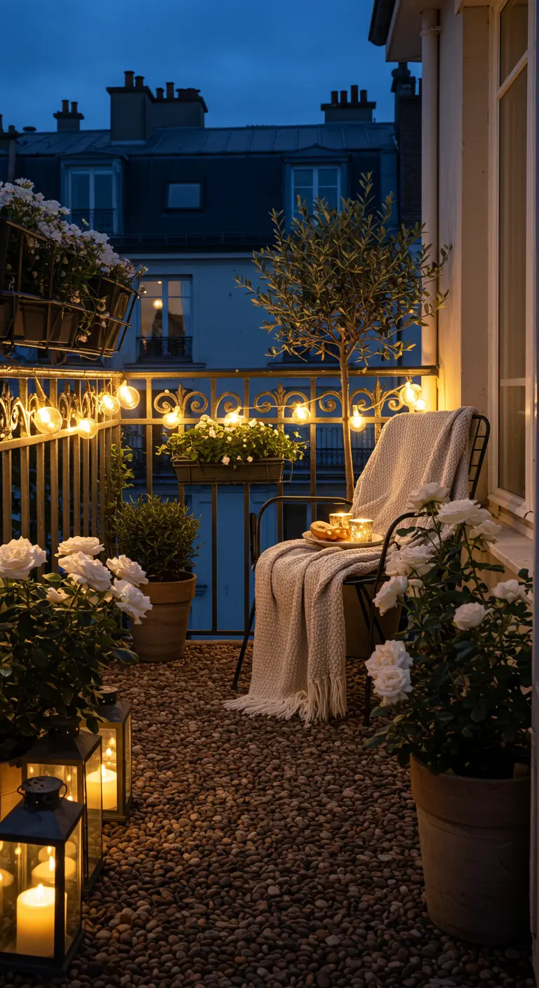 Cozy balcony at night with globe string lights, lanterns, and white roses in planters.