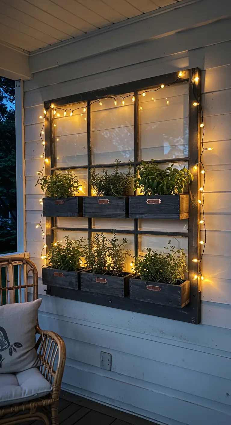 A dark-stained window frame herb garden on a porch, illuminated by warm white fairy lights at dusk.