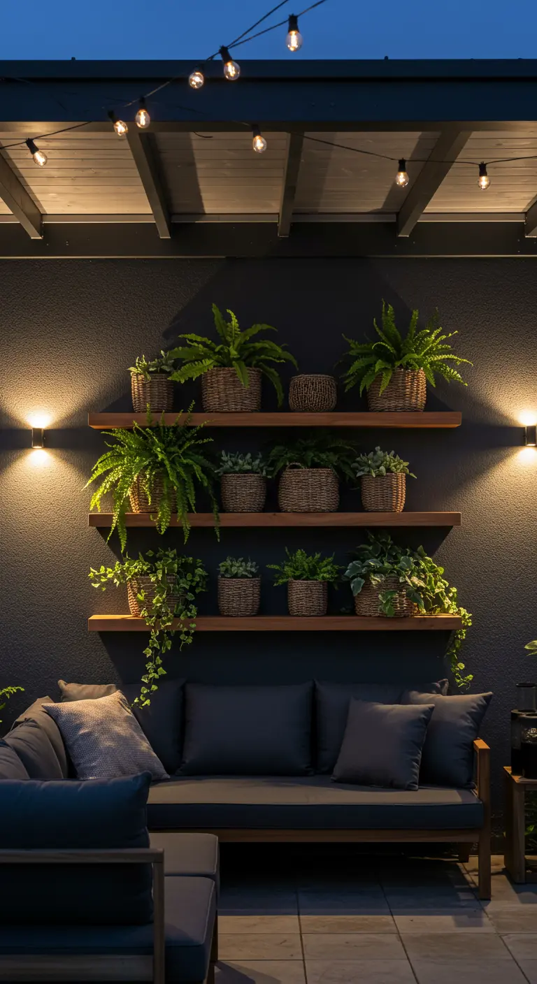 Three floating teak shelves on a dark wall with ferns, lit by sconces and string lights.