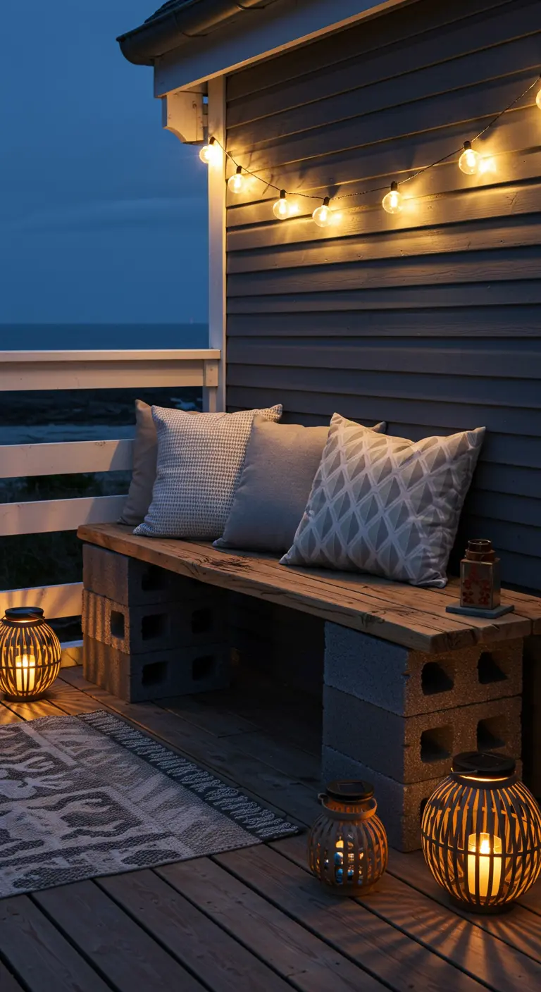 Cinder block bench on a wooden deck at dusk, lit by string lights and solar lanterns.