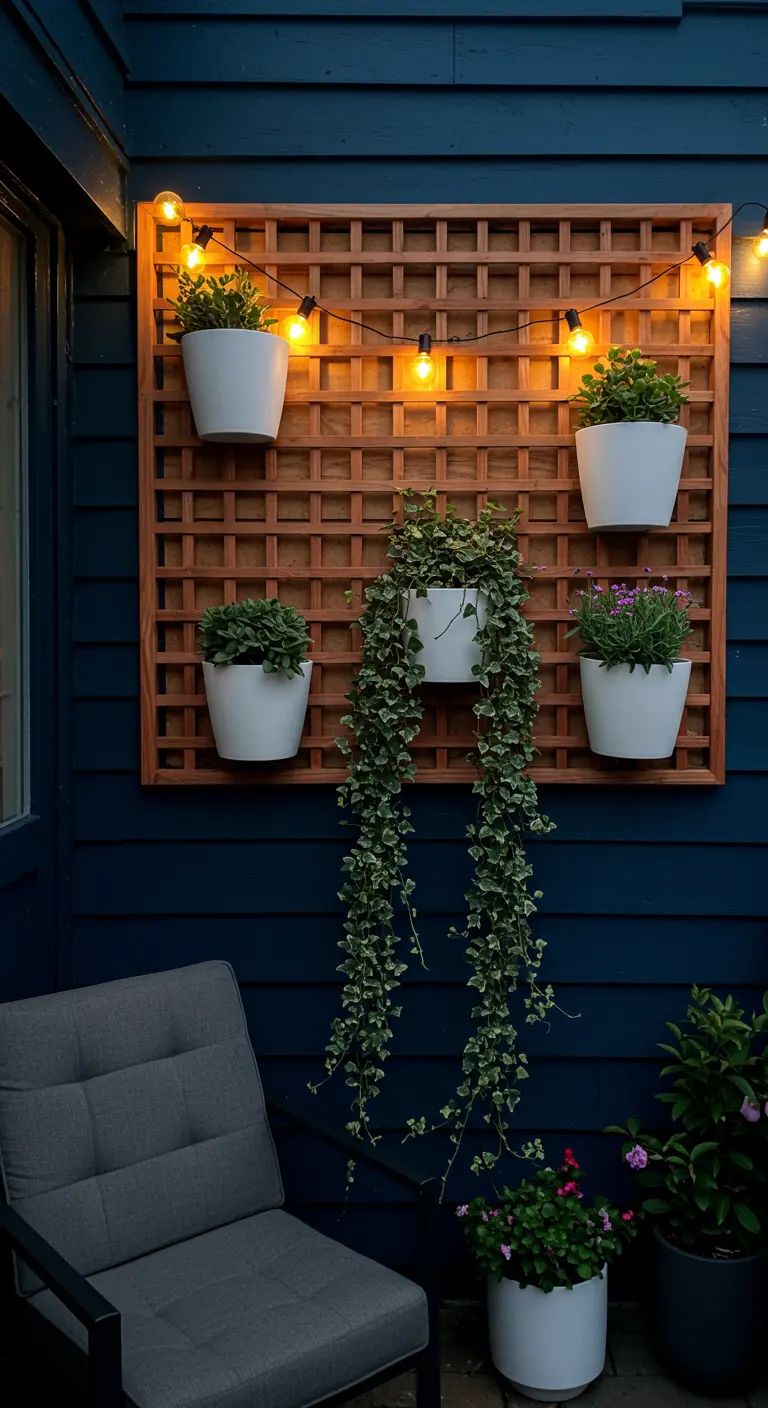A wooden trellis with white planters, illuminated by warm string lights at night.
