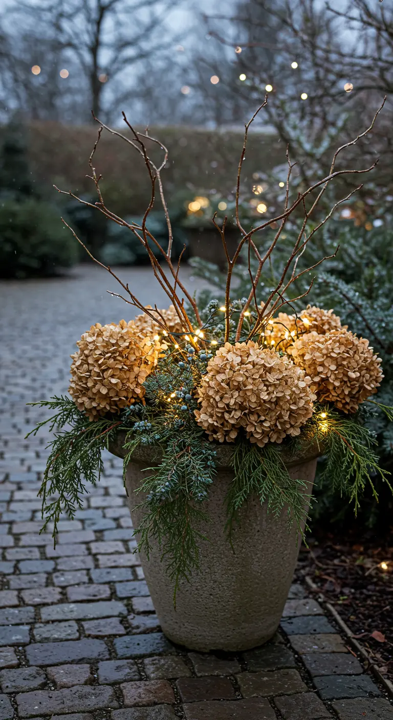 A stone pot filled with dried hydrangeas and evergreen sprigs, illuminated by fairy lights.