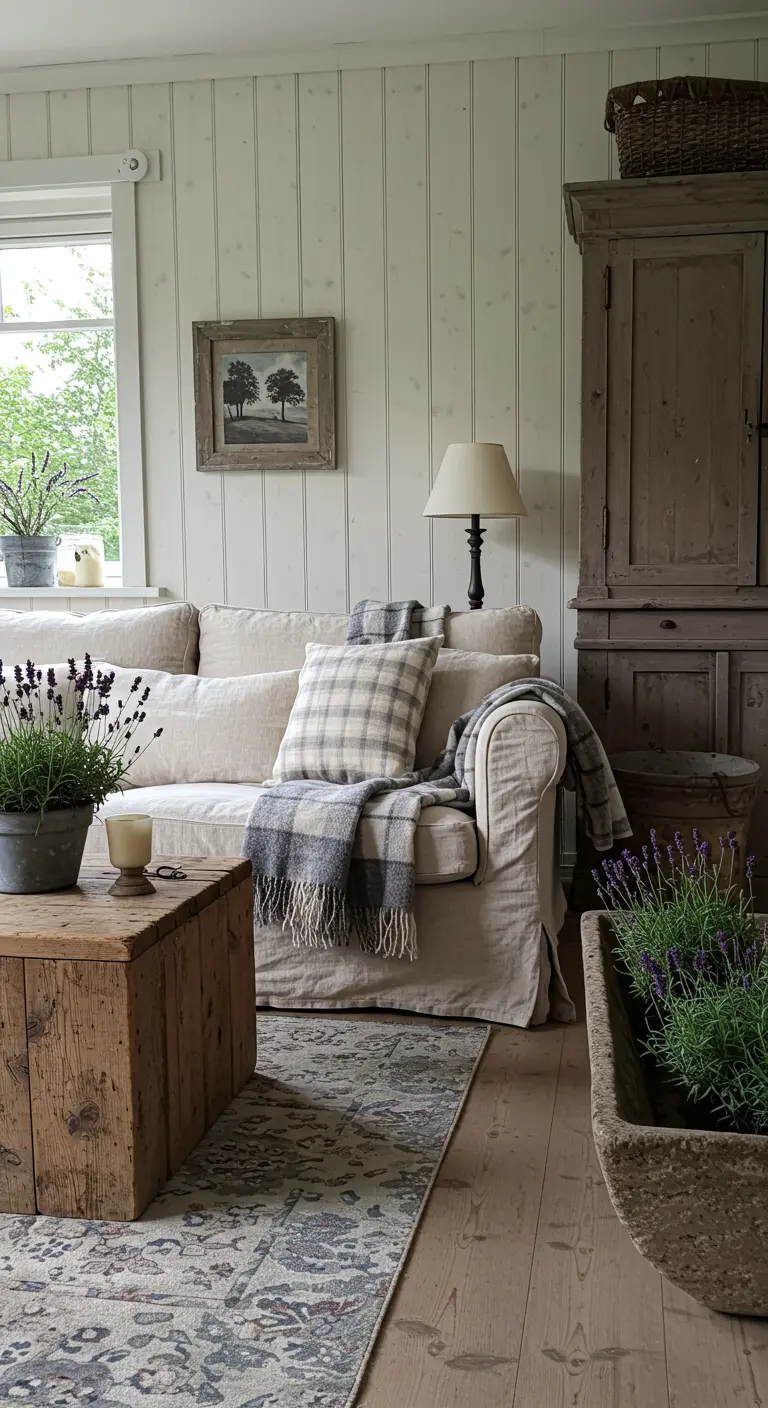 A rustic living room with a beige sofa, plaid throws, and planters of fresh lavender.