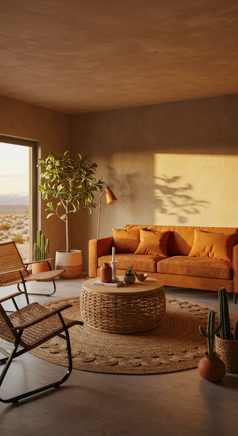 A desert-modern living room with a terracotta sofa, cacti, and a round jute rug.