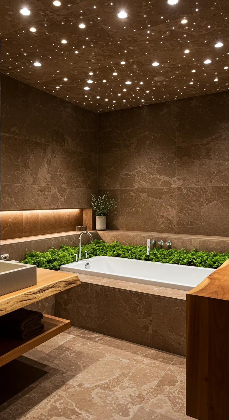 Brown marble bathroom with a tub surrounded by moss and a starlight ceiling effect.