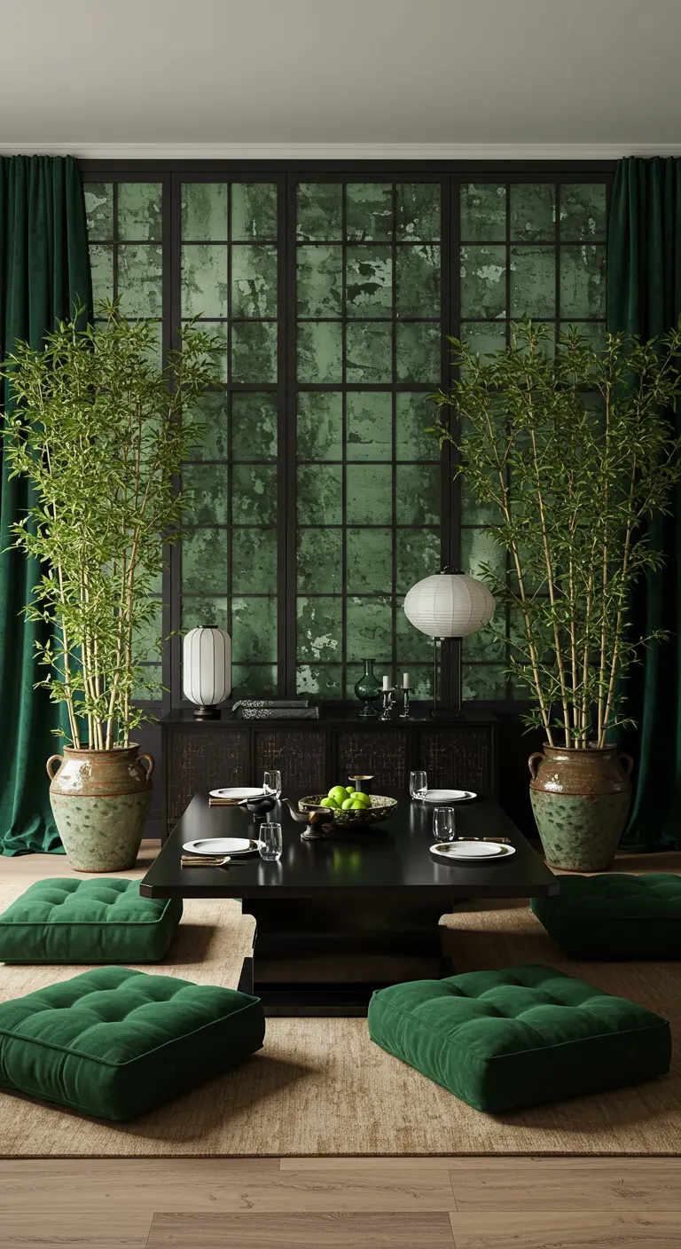 Japanese-style dining room with green cushions and a green antiqued mirror wall.
