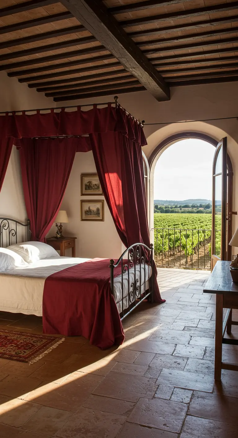Bedroom with a wrought iron bed, a rich red canopy, and an arched doorway opening to a vineyard.