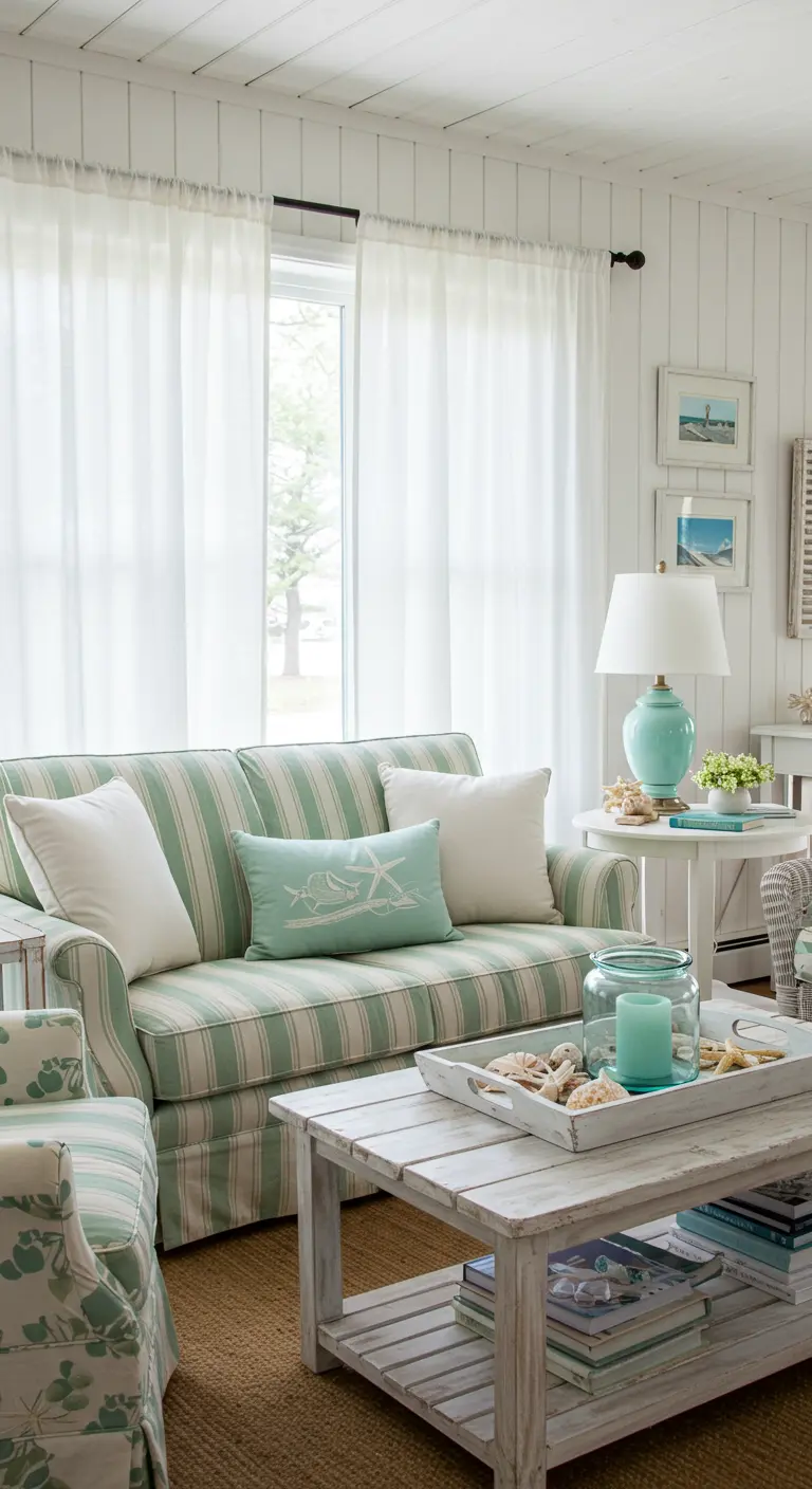 Coastal cottage living room with a green and white striped sofa and a white coffee table.