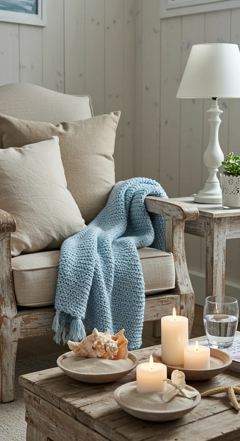 Weathered wood armchair with a light blue throw and candles placed in dishes of sand.