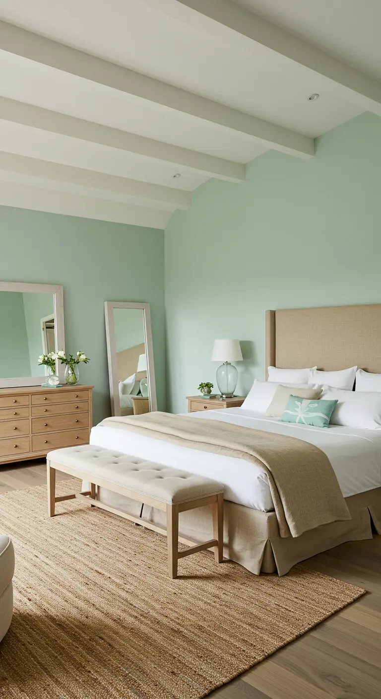 Coastal bedroom with seafoam green walls, beamed ceiling, and light wood furniture.