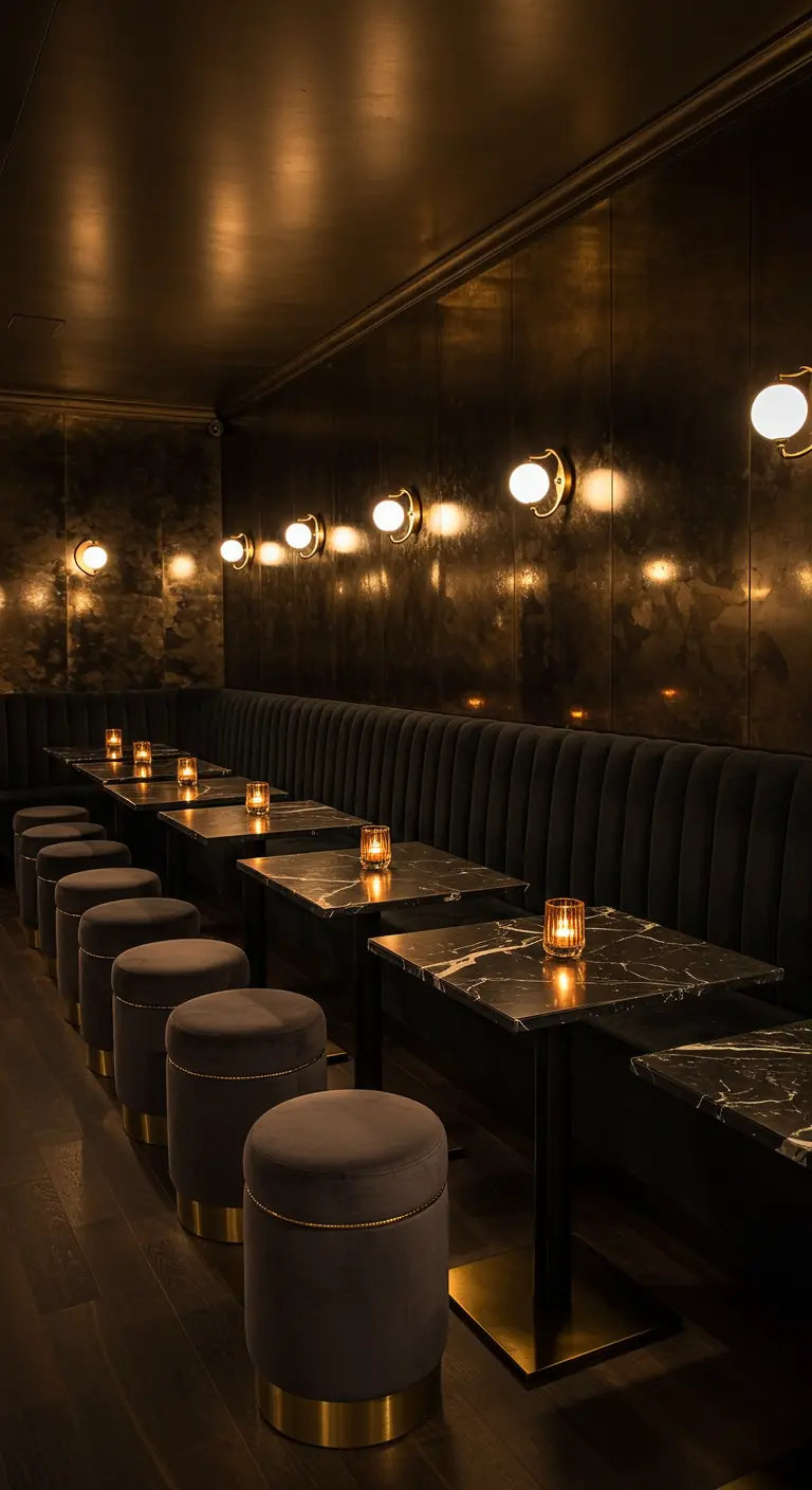A dimly lit room with a long banquette, small marble tables, and velvet stools, like a speakeasy.