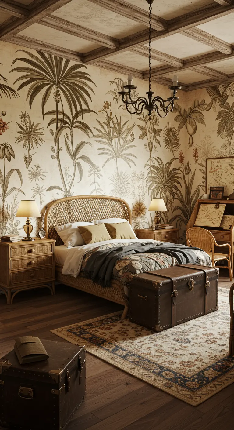 Vintage-style bedroom with a sepia botanical mural, rattan bed, and leather trunks.