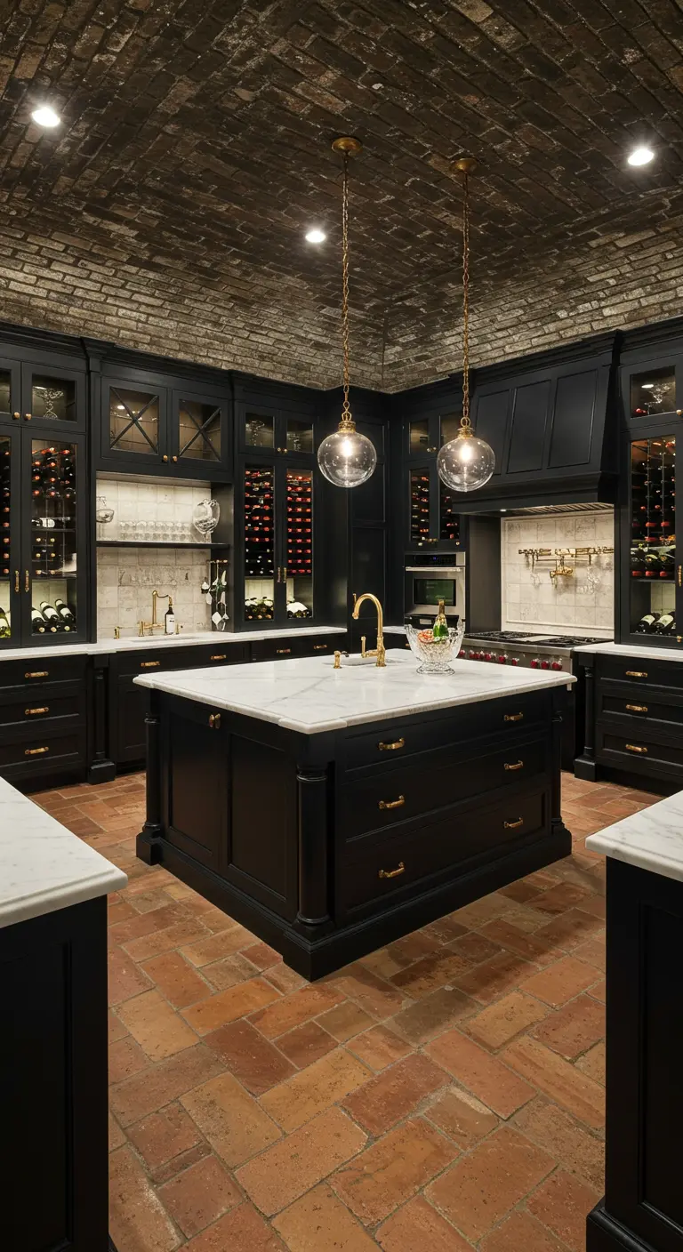 Kitchen designed like a wine cellar with a brick ceiling, terracotta floors, and wine storage.