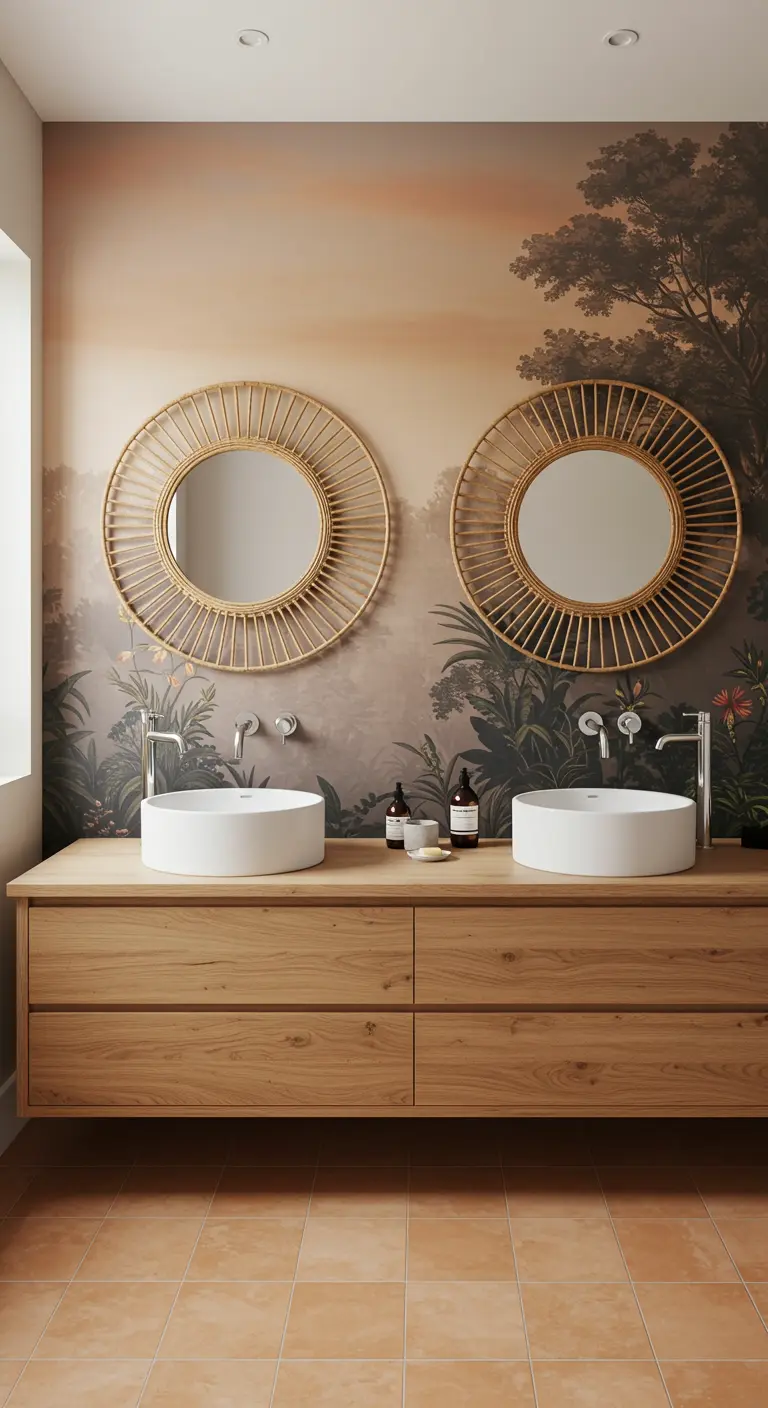 Bathroom with a dusky, scenic jungle mural, double sinks, and round rattan mirrors.