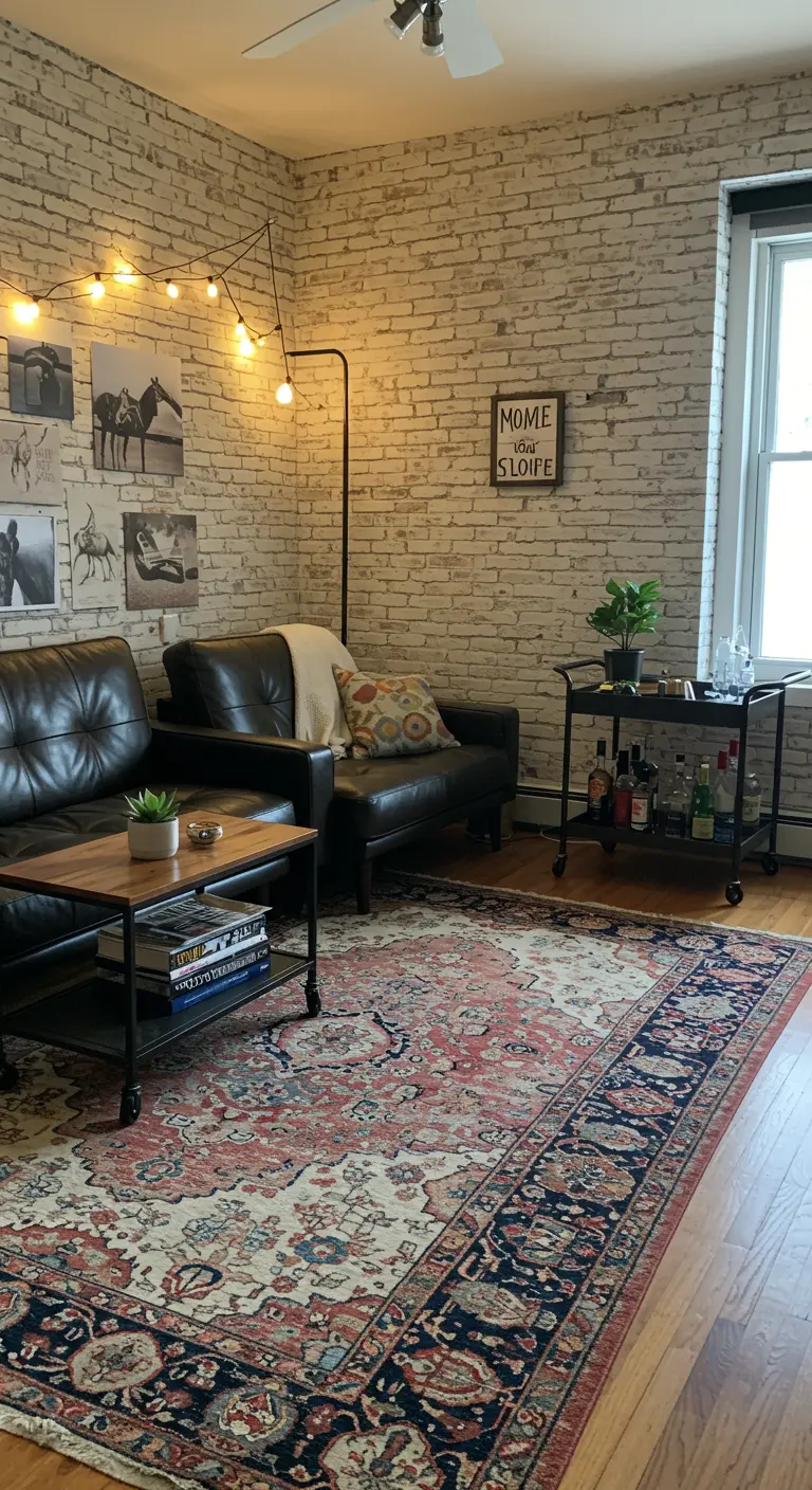 Living room with faux white brick wallpaper, a black leather sofa, and industrial-style decor.
