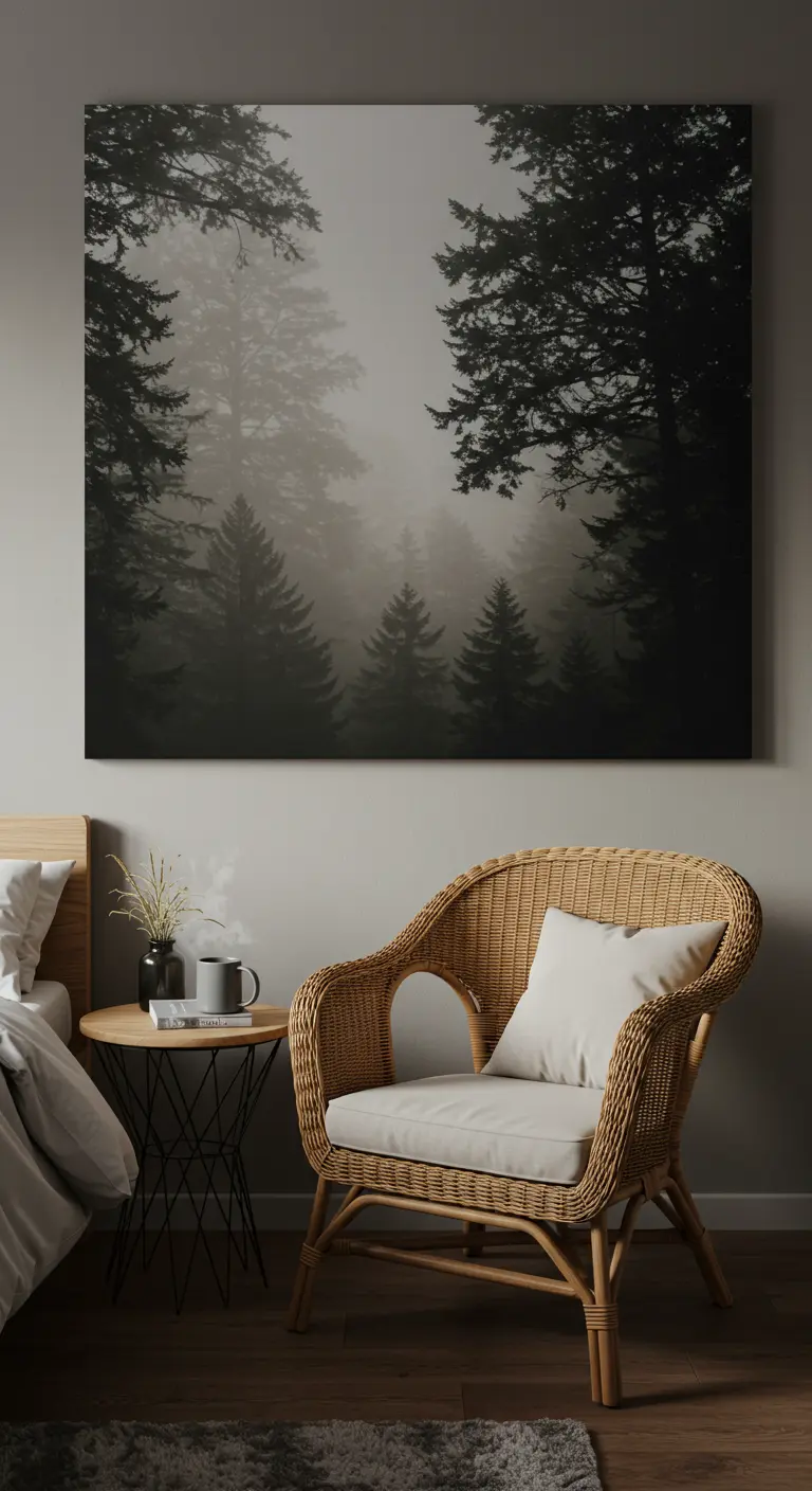 A large, moody canvas of a foggy pine forest hangs above a rattan armchair in a bedroom corner.