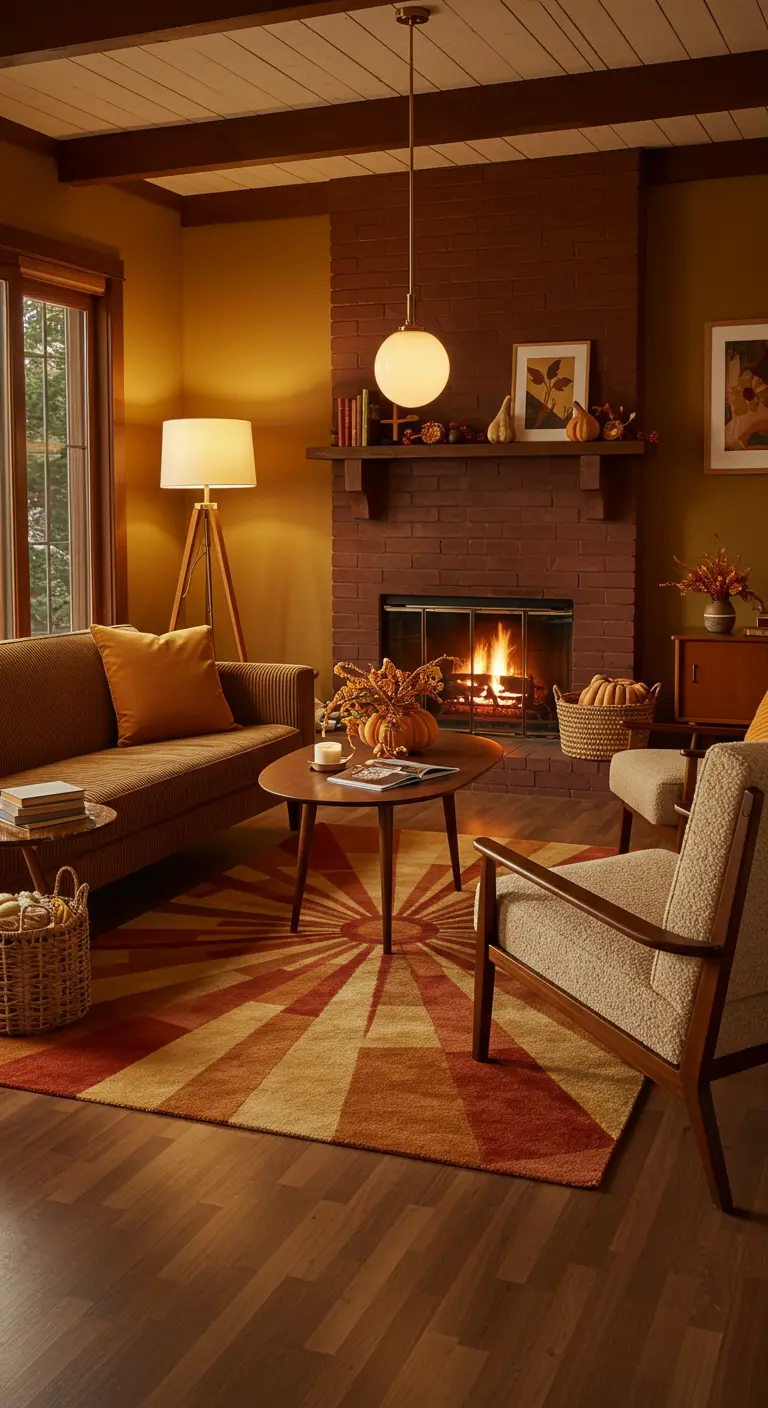 Fall-themed living room with a painted brick fireplace and a warm orange and yellow sunburst rug.
