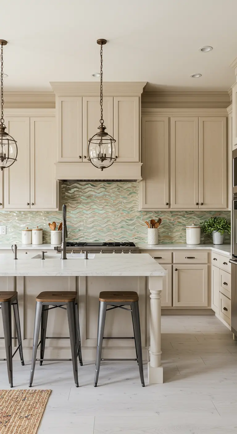 Kitchen with beige cabinets, a wavy green tile backsplash, and industrial stools.