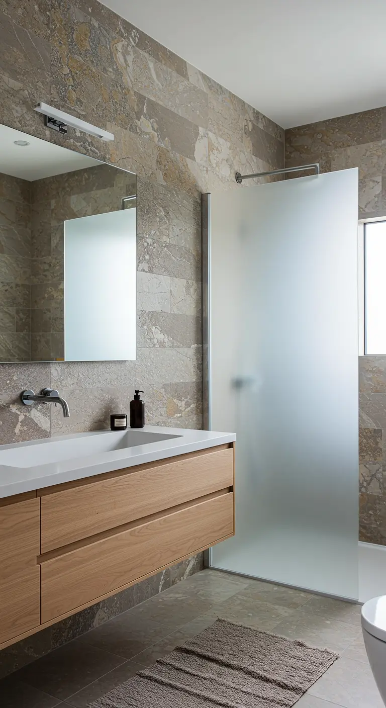 Bathroom with textured stone-like wall tiles and a wood vanity.