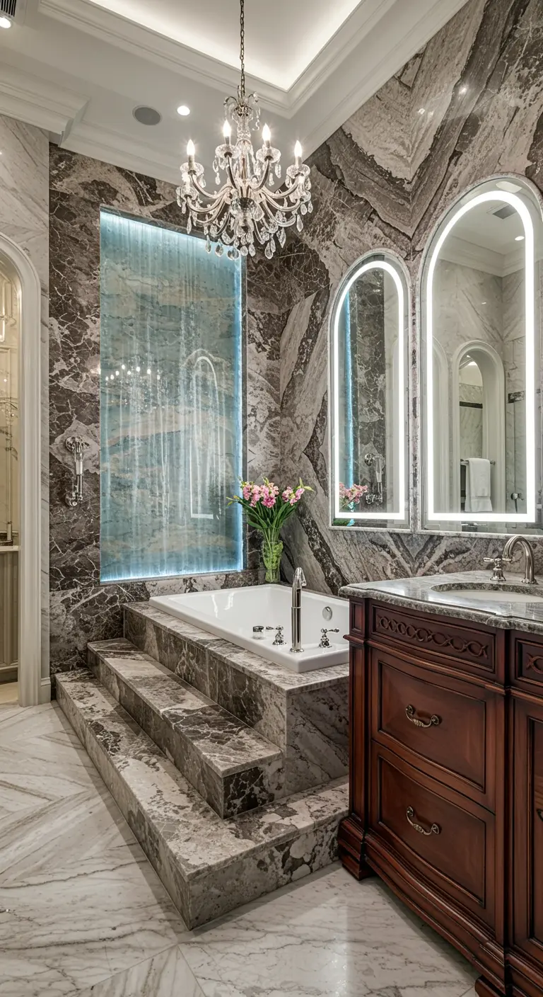Ornate marble bathroom with a stepped platform tub, arched mirrors, and a crystal chandelier.